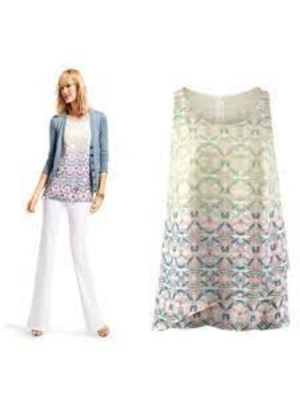 CAbi Tunic Sleeveless Mosaic Print Blouse Pink Green Blue EUC style #250 Medium
